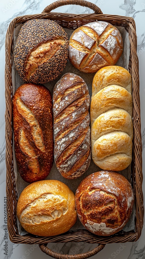 Poster this image captures a beautiful assortment of artisan breads displayed neatly in a woven basket, hig