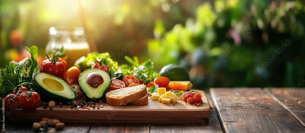 Poster fresh avocado and goat cheese toast garnished with arugula and sun-dried tomatoes on a rustic wooden