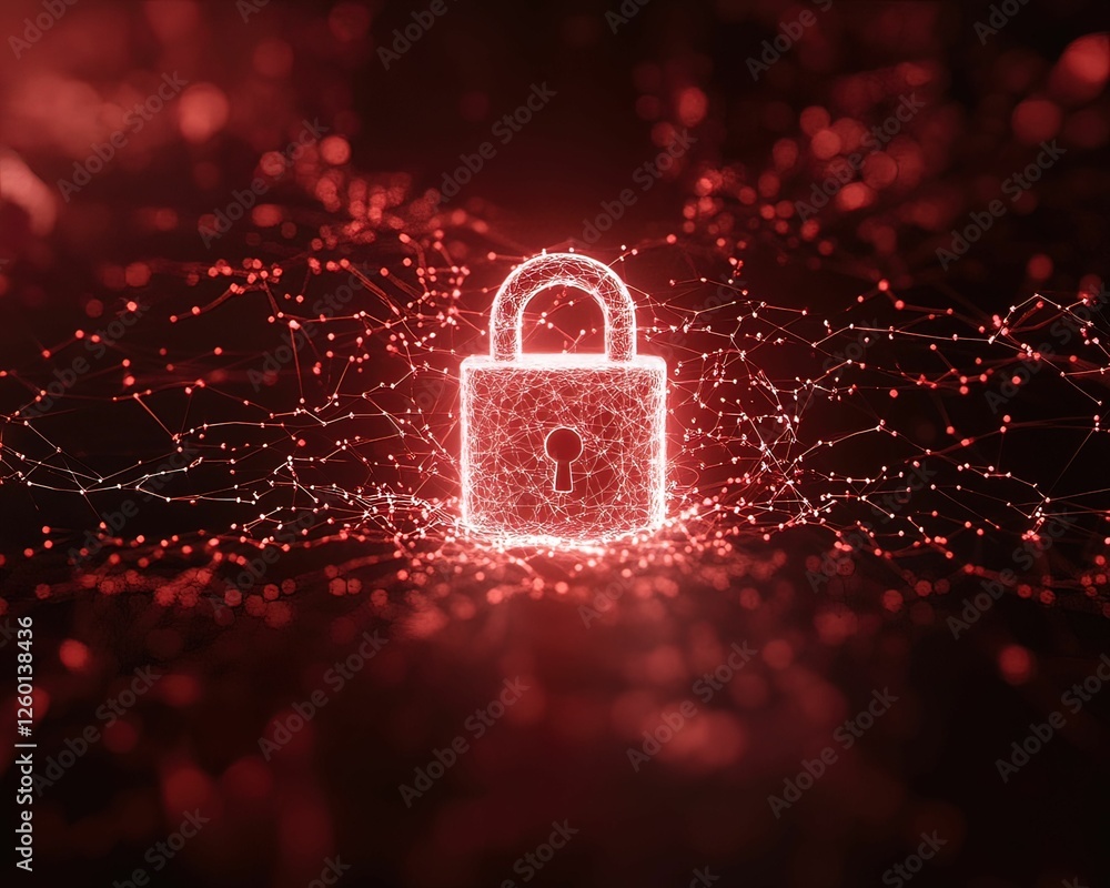 Poster dynamic red code surrounding a brightly glowing padlock in a digital realm