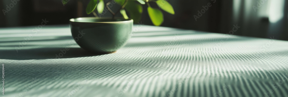 Poster Elegant gray linen tablecloth displaying subtle herringbone texture in natural light setting