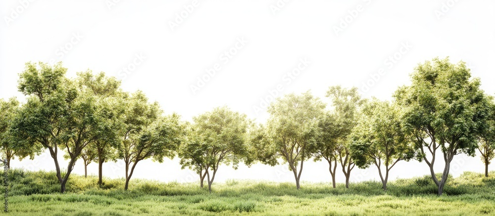 Poster lush green trees arranged in a row against a white background showcasing vibrant foliage and summer 