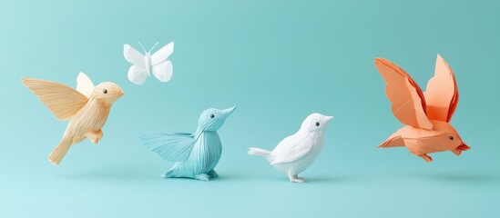 Colorful origami bird and butterfly decorations in pastel shades, light blue background, showcasing creativity and recycling in playful designs.