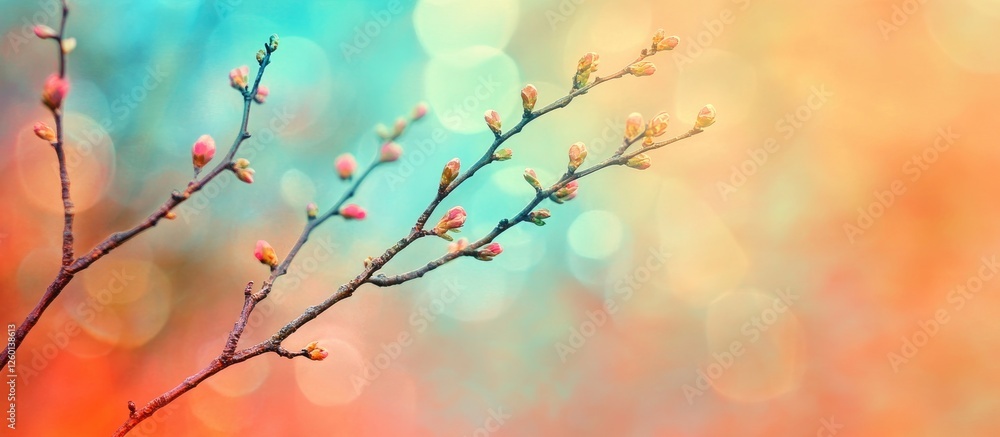 Poster blossoming spring branches with pink buds positioned on the right against a vibrant blurred backgrou