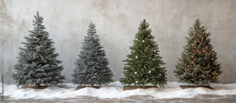 Poster four christmas trees in varying heights; leftmost tree is snowy grey, followed by a green tree with 