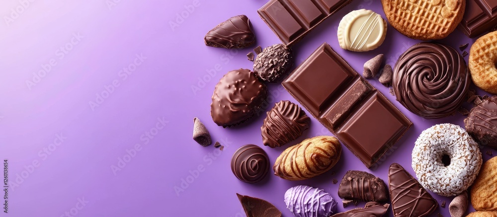 Poster Assorted chocolates and cookies on a purple background with varying shapes and textures arranged from upper left to lower right.