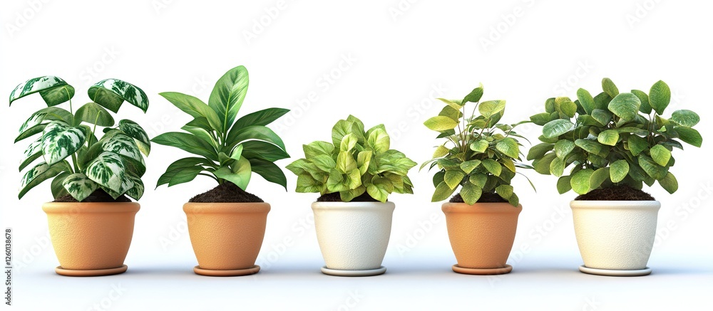 Poster diverse indoor potted plants in various colored pots arranged in a line against a bright white backg