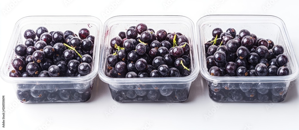 Poster containers of frozen black currant berries arranged neatly in three transparent boxes, with a light 