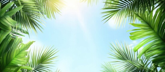 Fototapeta premium Lush green palm leaves frame a bright blue sky with soft cloud flare, creating an airy summer vibe and ample copy space for text.