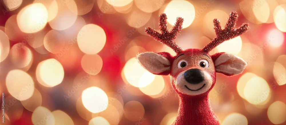 Poster charming puppet reindeer in close-up with sparkling bokeh backdrop featuring warm reds and golds, ra
