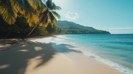 A stunning sunny tropical beach with smooth white sand, crystal-clear blue water, and lush palm trees casting shadows on the sand. 