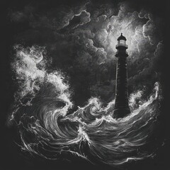 Fototapeta premium A solitary lighthouse stands defiant amidst a stormy sea
