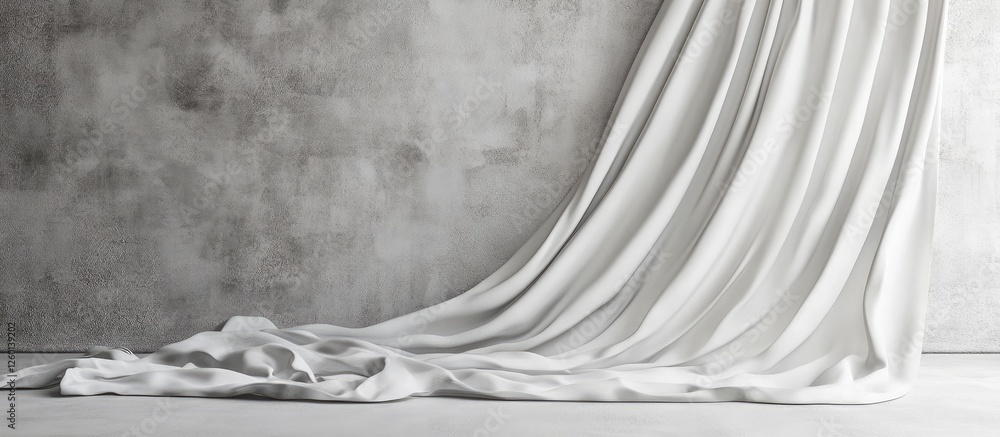 Poster tendrils of white fabric on a textured gray wall backdrop creating a serene and minimalist interior 