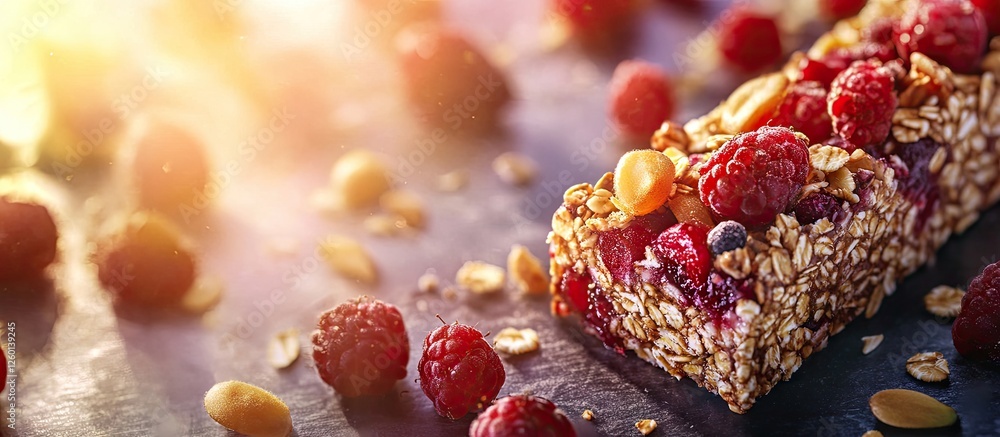Poster granola bar with raspberries and peanuts on a dark slate background with warm sunlight. rich reds an