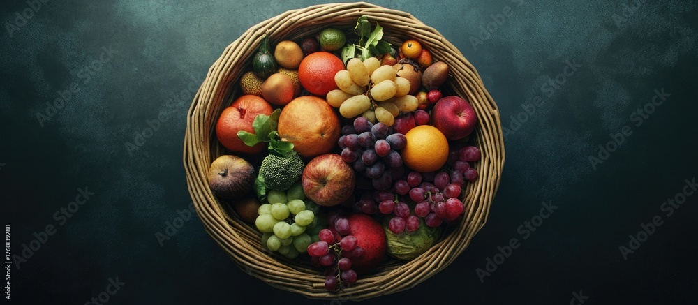Poster Colorful basket filled with assorted fruits including apples grapes and oranges displayed in a vibrant digital art style against a dark textured background