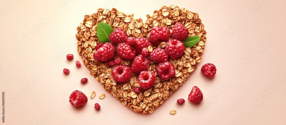Aufkleber heart-shaped granola cluster topped with fresh raspberries and mint leaves on a soft pastel backgrou