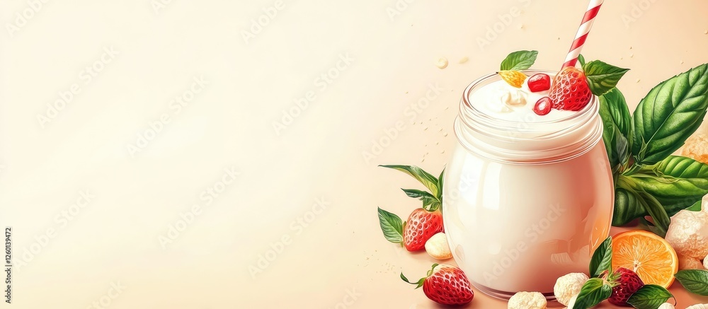 Poster fresh homemade yogurt in a glass jar surrounded by vibrant fruits like strawberries and bananas on t