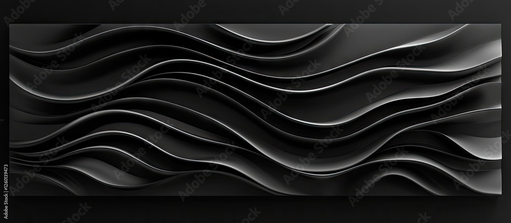 Poster Futuristic 3D black waves flow gracefully across a dark background with smooth curves and intricate shadows showcasing modern abstract design