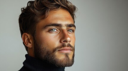 Obraz premium Young European man with a stylish black turtleneck on white background