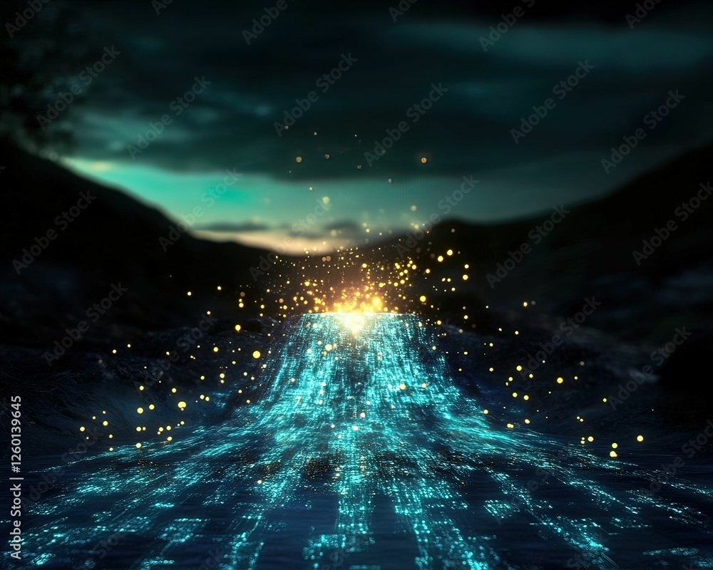 Poster vibrant streams of stolen data cascading from a glowing source digital landscape visual artwork dark