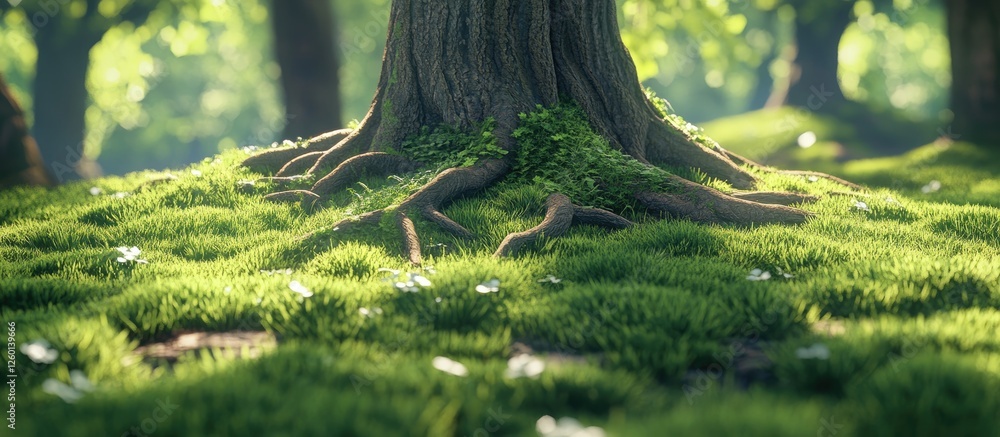 Poster lush green grass and delicate white flowers surround a large tree trunk with visible roots, dappled 