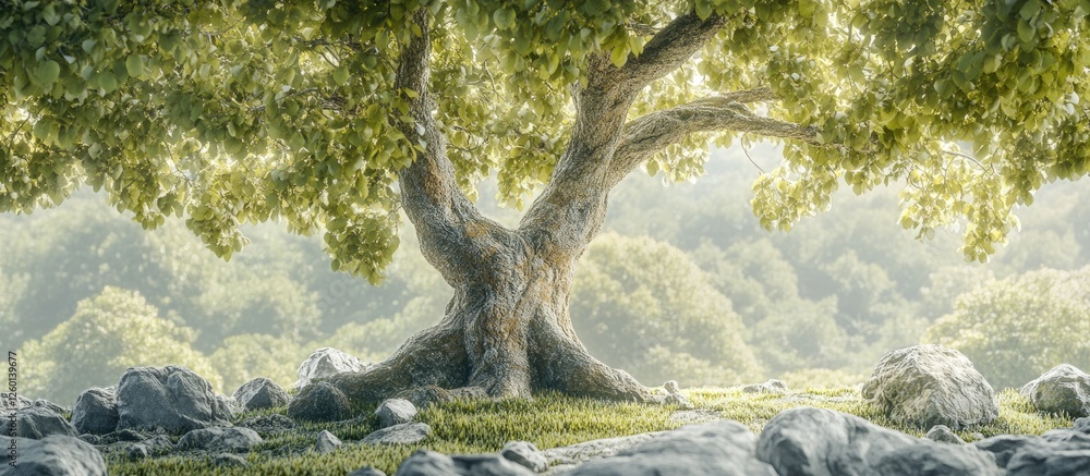 Poster lush green forest with a majestic tree in the foreground on a soft blurred background rocks framed b