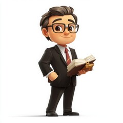 A confident businessman in a suit, holding a book, ready to share knowledge and ideas with others.