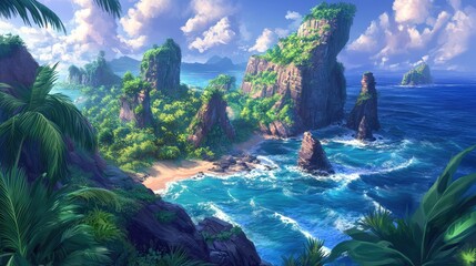 A stunning island coastline with rocky cliffs and lush vegetation meeting the deep blue sea.