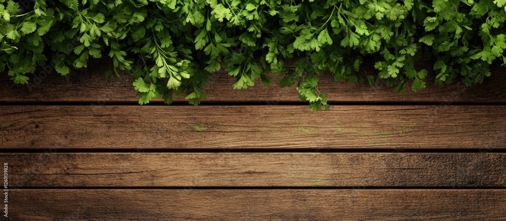 Poster fresh green coriander leaves arranged on a rustic wooden table top with ample negative space for tex