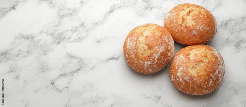 Poster freshly baked artisan bread rolls with a golden crust, arranged in a cluster on a light marble surfa