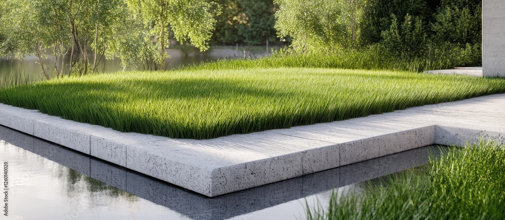 Poster lush green grass on a modern stone platform near a tranquil water edge surrounded by trees and folia