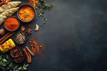 Aromatic spices and herbs on dark background.