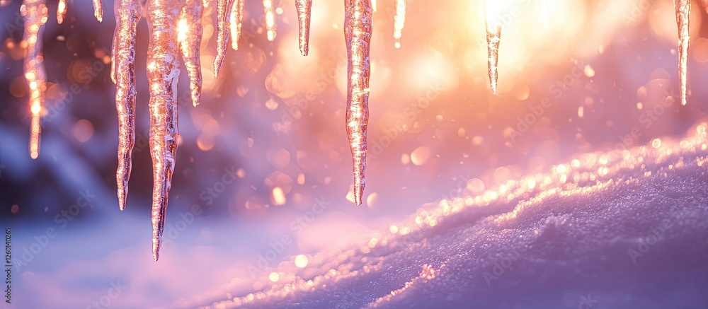 Aufkleber Icicles with warm light illuminating snow create a soft glow against a blurred background featuring pastel hues of pink and orange.