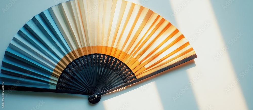 Poster colorful fan with gradient hues from blue to orange, positioned diagonally against a light backgroun