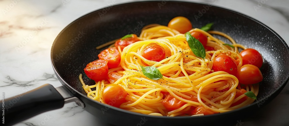 Poster Pasta with vibrant cherry tomatoes in a black frying pan on a white marble surface illuminated by soft light creating an inviting meal presentation