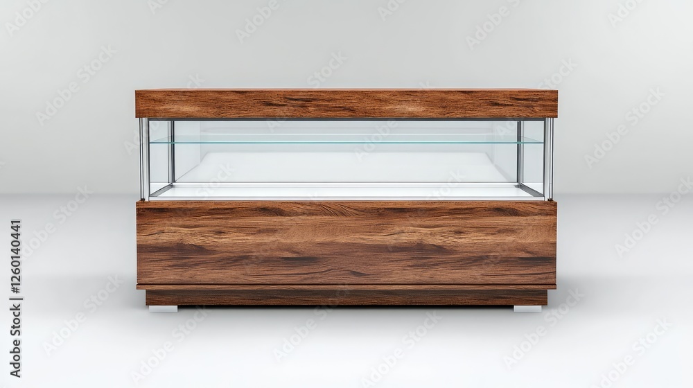 Poster a stylish wooden showcase with glass shelves displaying empty space for custom branding or copy.