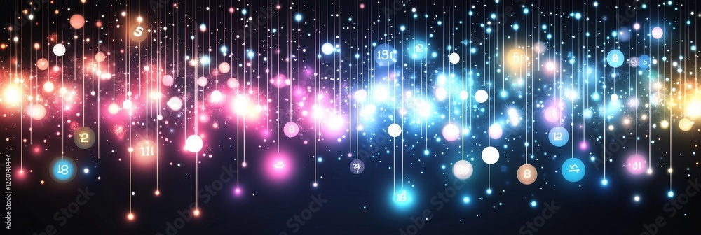Poster abstract background with glowing data stream, numbers, and bokeh lights on black background
