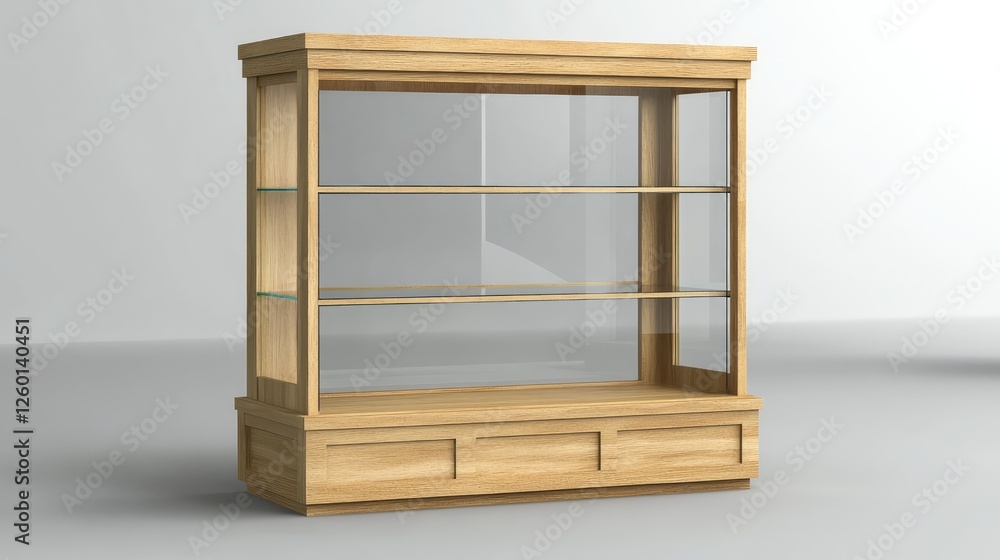 Poster a stylish wooden showcase with glass shelves displaying empty space for custom branding or copy.