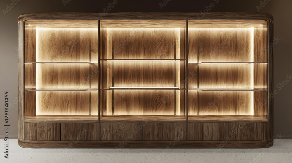 Poster a stylish wooden showcase with glass shelves displaying empty space for custom branding or copy.