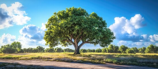 Large mango tree with lush green leaves standing prominently on vast grassy ground under a bright blue sky with fluffy clouds near a summer road.