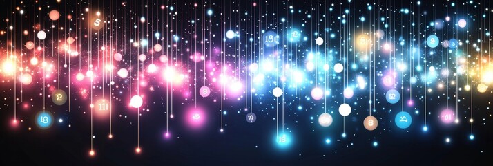 Abstract Background With Glowing Data Stream, Numbers, And Bokeh Lights On Black Background