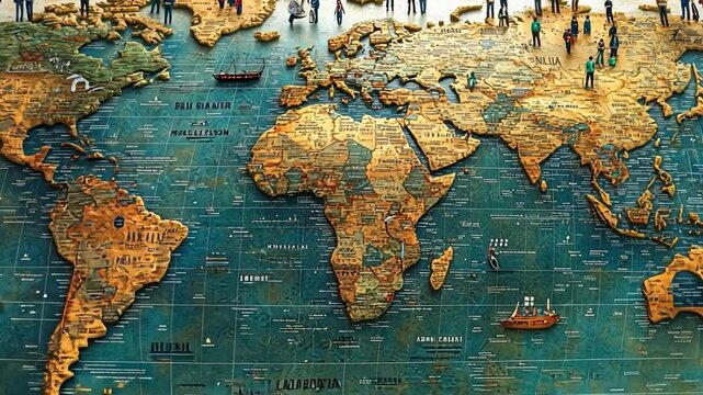 Global Perspective: An intricate, three-dimensional map of the world, rendered in rich, earthy tones, with miniature figures and boats scattered across the continents and oceans.