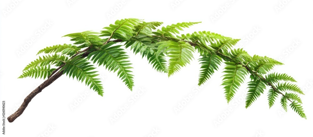 Poster lush green fern branch with detailed leaf texture arranged diagonally against a white background for