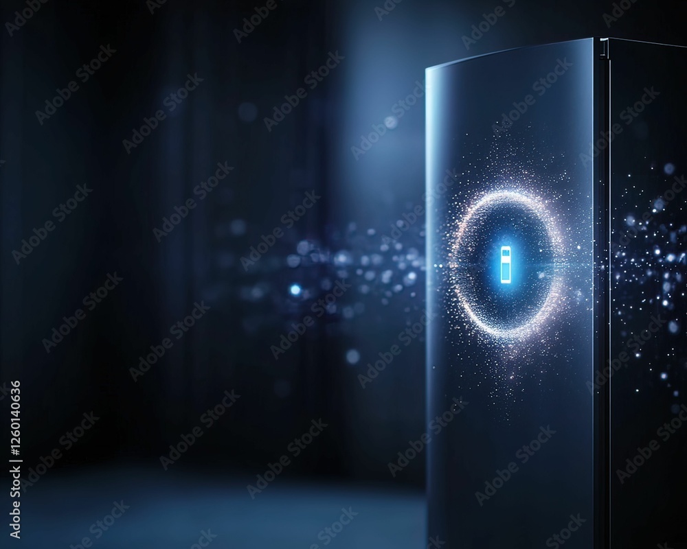 Poster close-up of smart fridge displaying unauthorized access alert modern kitchen technology dark environ