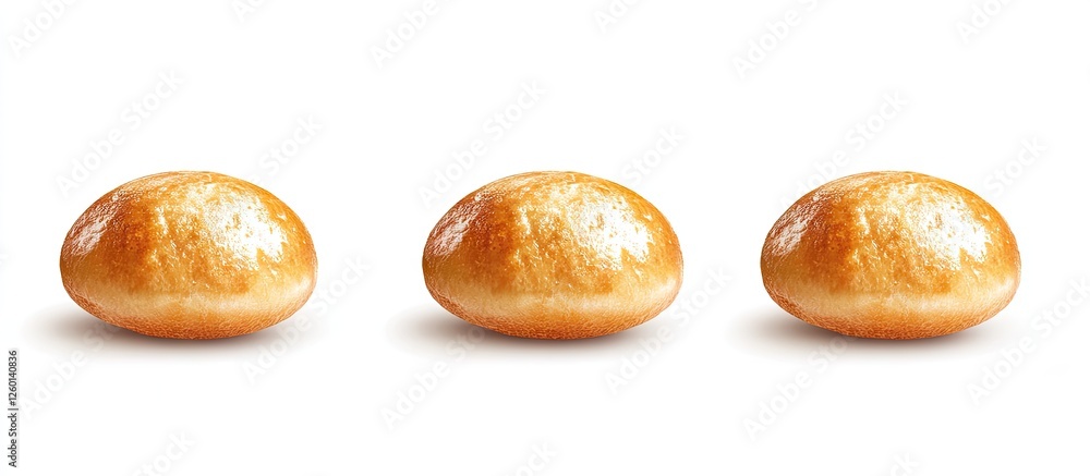 Aufkleber Golden brown crispy crust bread buns arranged in a row on a clean white backdrop highlighting their appetizing texture and gleaming surface.