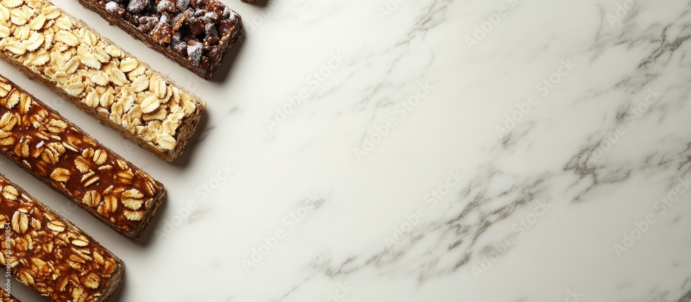 Aufkleber Granola bars displayed on a white marble table with shallow depth of field showcasing different textures and colors arranged in a row