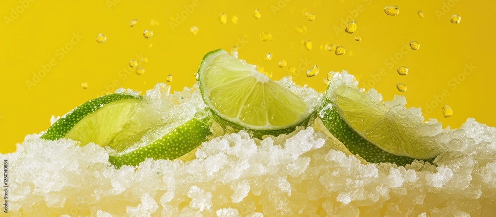 Poster Bright yellow background with fresh lime slices and coarse sea salt creating a refreshing summer vibe, evoking freshness and flavor.