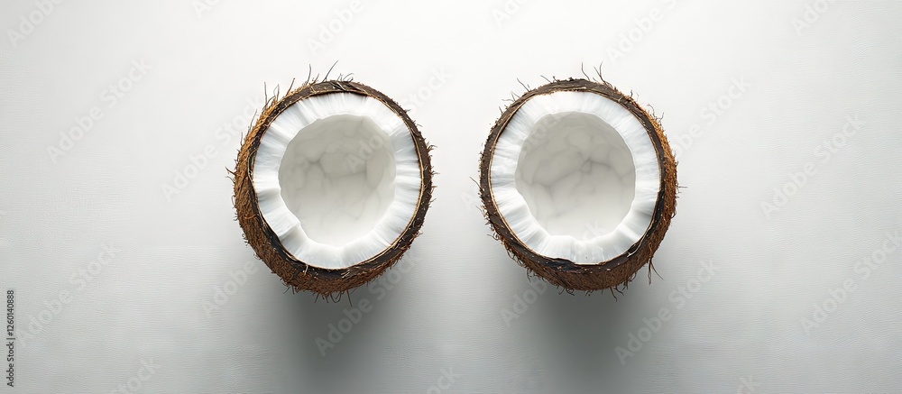 Poster coconut halves displayed symmetrically on a white background showcasing the brown shell and white fl