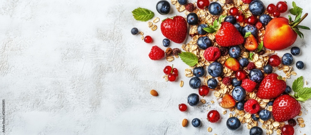 Poster granola bar ingredients displayed on a white stone table with vibrant strawberries, blueberries, and