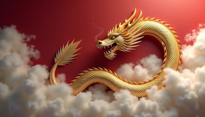 Fototapeta premium Mythical dragon and cloud background featuring a stylized golden dragon swirling through misty clouds on a deep red backdrop