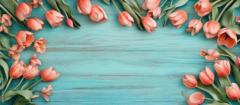 Aufkleber rustic turquoise background with pink tulips arranged at the edges creating a frame ideal for spring